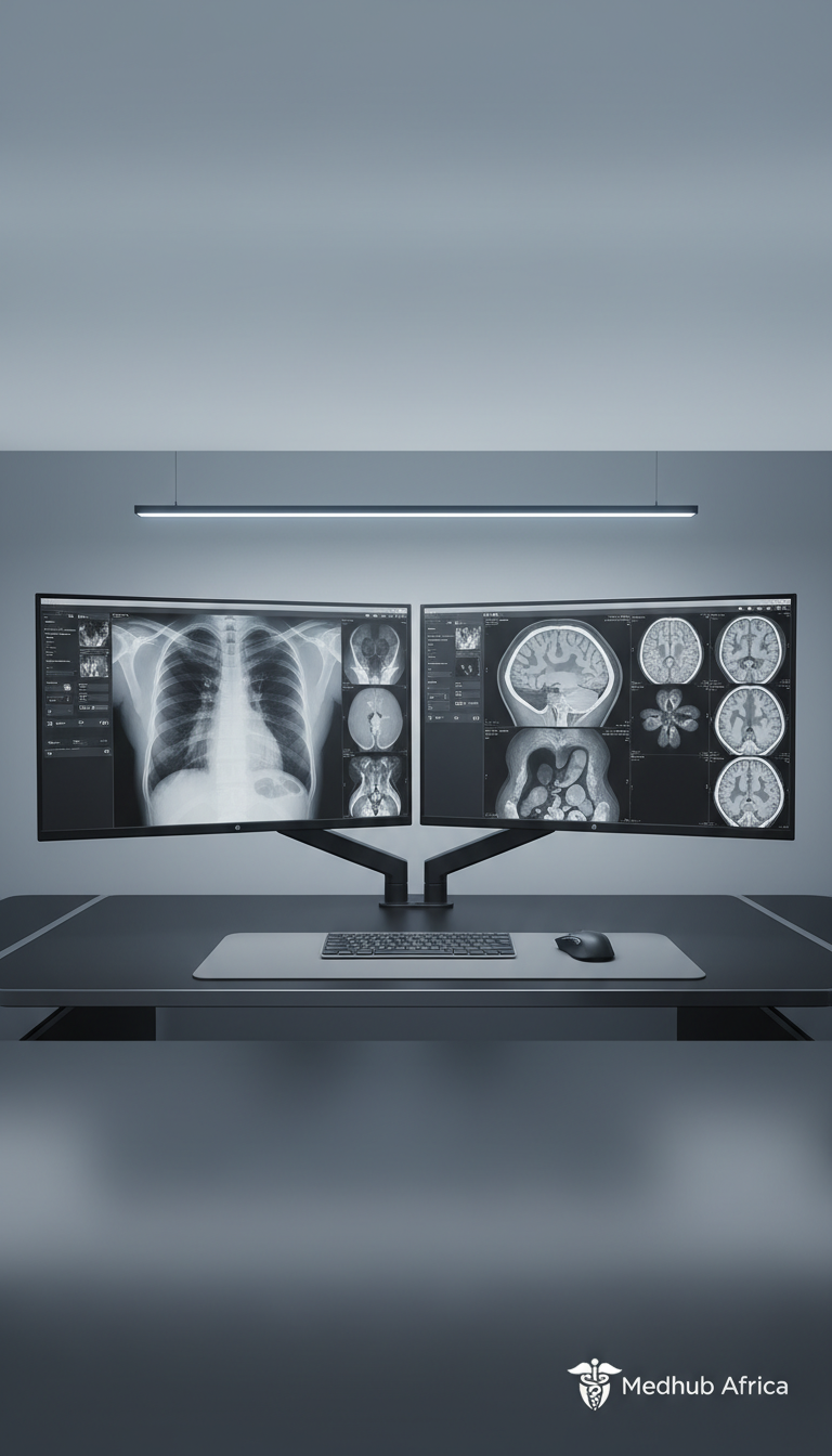 A sleek, state-of-the-art teleradiology workstation setup featuring a pair of ultra-high-definition gray monitors displaying detailed medical imaging scans. The monitors are mounted on a matte-black, minimal desk with clean lines and subtle chrome accents. Arranged on a neutral gray surface, the scene includes a compact wireless keyboard and a high-precision mouse arranged neatly. Soft, cool-toned LED overhead lighting creates balanced illumination and gentle reflections across the workspace. The backdrop features a soft out-of-focus gradient wall in dove gray. Captured from an eye-level perspective, the composition is symmetrical and structured for a corporate, professional mood. The photographic realism highlights technical excellence, supporting the sophisticated, trustworthy nature of Medhub Africa’s teleradiology services.